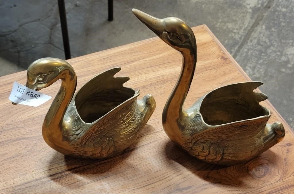 TWO BRASS DECORATIVE DUCK PLANTERS