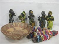 Wood Bowl W/Assorted Handmade African Dolls See