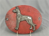 Dain Mfg. Co. plaque, metal w/embossed Great Dane