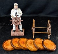 NAUTCIAL COASTERS & CAPTAIN FIGURE