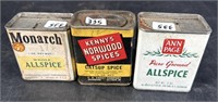 3 Antique Spice Tins Monarch All Spice, Kenny’s