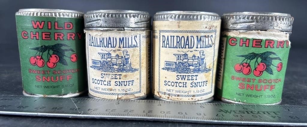 4 Antique Snuff Tins Wild Cherry & Railroad Mills