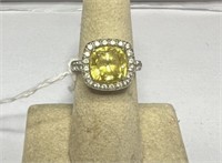 .925 Yellow Large Cushion Cut CZ White Clea,sz7.25