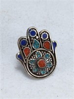 Turquoise Lapis Tibetan Silver Hamsa Ring