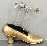 5 Art Deco tested gold stick pins set with stones