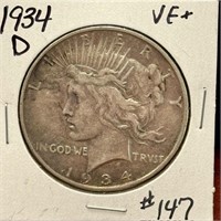 1934-D Peace Dollar - VF+