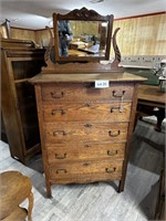 Antique Oak High Boy Chest Of Drawers With Mirror