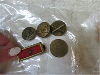 OLD MILITARY PINS, 5 OLD BANK CERTS & 4 COINS
