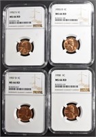 1952-S, 55-D, 57-D, 58 LINCOLN CENTS NGC MS66 RD