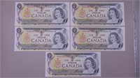 (5) 1973 Canadian One Dollar Sequential Numbered ,