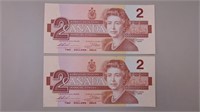 (2) 1986 Canadian Two Dollar Sequential Numbered ,
