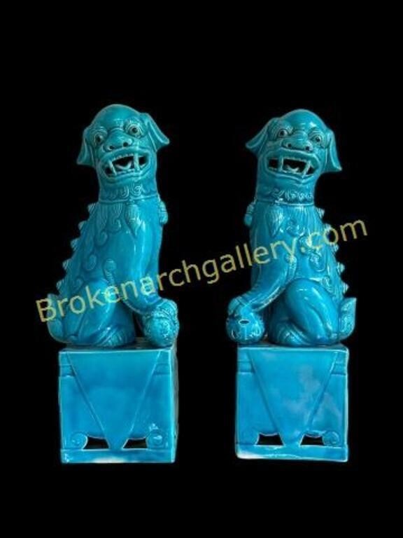 Pair Chinese Blue Porcelain Foo Dogs