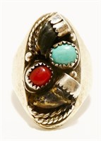 Navajo Turquoise Coral 925 Silver Ring Sz6.5 12.8g