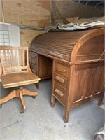 Roll top desk, chair, and file cabinet