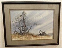Framed Watercolor Windmill Art