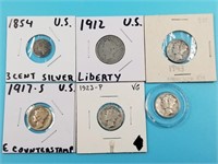 6 US coins: 1854 silver 3 cent coin, 4 mercury dim