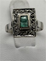 Antique 10K White Gold Diamond & Emerald Ring
