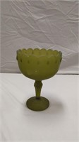 Green satin indiana glass teardrop pedestal bowl