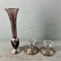 SILVER OVERLAY VASE & CANDLE STICK HOLDERS