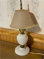Hobnail milk glass lamp with frosted pink shade