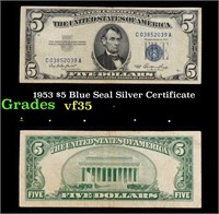 1953 $5 Blue Seal Silver Certificate Grades vf++