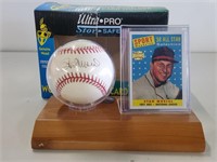 Stan Musial Card & Signed Baseball w/ Display