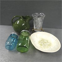 Green Hall Pitcher, Ball Jars, Crystal Vase