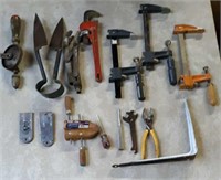 Clamps, wrench, sheep shears, hand drill