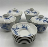 Chinese bamboo porcelain tea cups & saucers