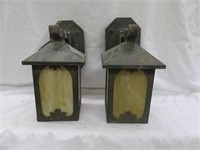 PAIR OF ANTIQUE MISSION STYLE SLAG GLASS LIGHTED
