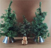 3 Faux Christmas Trees & Snowman W/ Decor