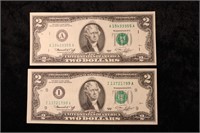2 Pcs 1976 US $2 Bank Notes