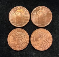 Lot of Four 1 oz. .999 Copper Rounds