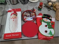 CHRISTMAS TRAY, 2 TINS, TABLECLOTH AND DECOR