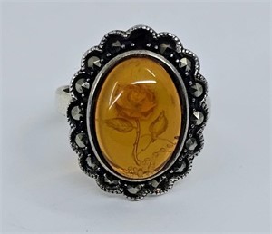 Antique Sterling Silver Ring With Baltic Amber