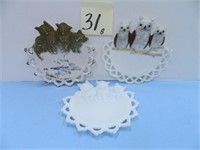 (3) Milk Glass Souvenir Plates - (2) Cats & Owl