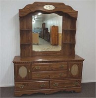 Dark Knotty Pine Dresser and Mirror