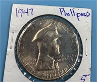 1947 Silver Philippines 1 peso, with Douglas MacAr