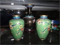 Cloisonné Pair Green 4" Vases & 5" Black Vase