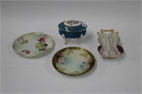 FOUR PAINTED PLATES AND FOOTED COVERED DISH,