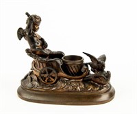 Bronze Cherub On Chariot Figural Matchstick Holder