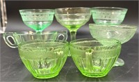 7 Antique Green Depression Glasses, Sugar & Mugs