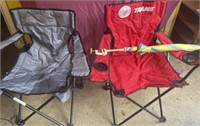 2 folding chairs, umbrella, and cart