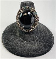 Large Sterling Black Onyx/Marcasite Ring 8G Size 7