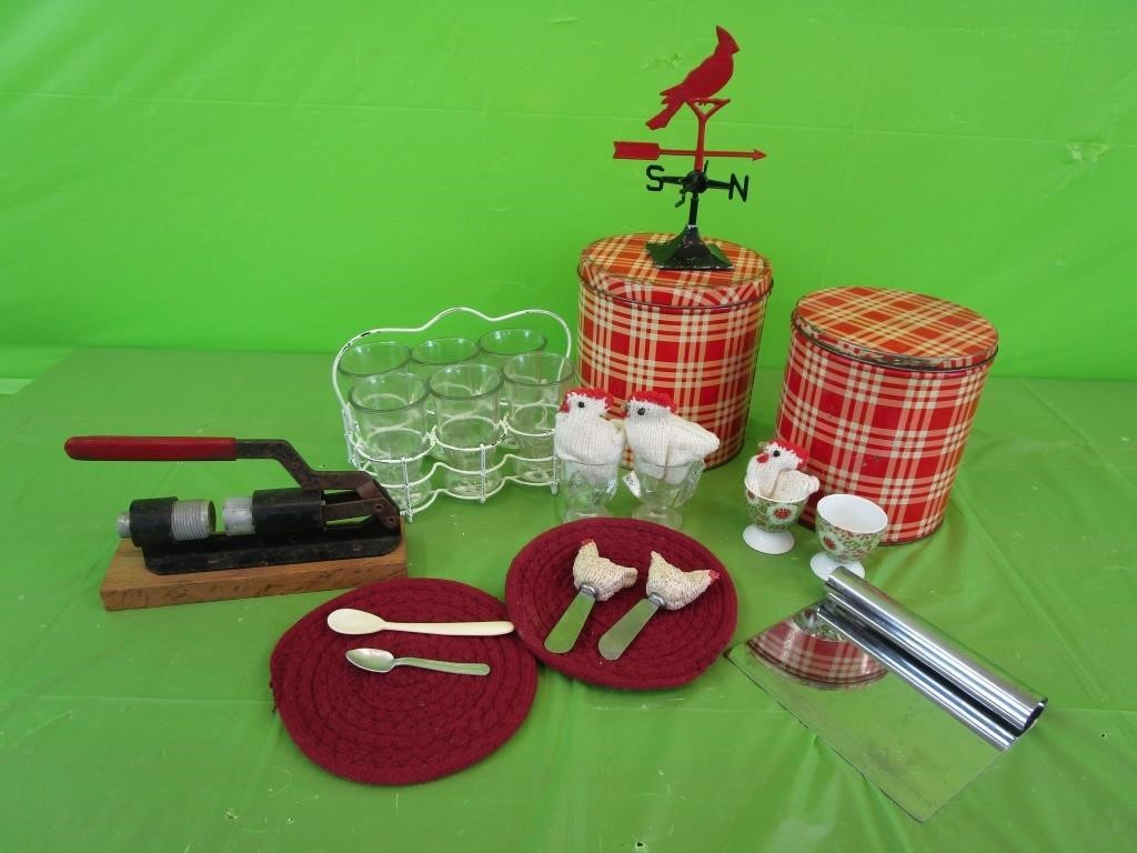 Egg Cups, Canisters, Cardinal Weathervane,