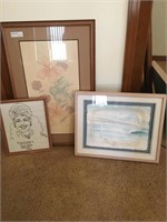 Three Pcs of Framed Art including Floral Themed Wa