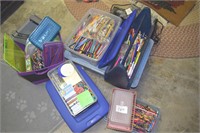 Plastic totes, wooden box, craft items