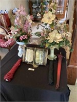 Floral stands, ceramic book, & 2 umbrellas