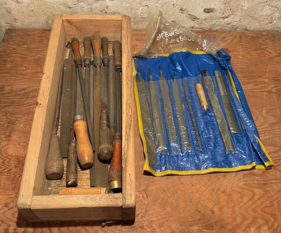 Wooden Tray w/ Many Wood Files and Rasps