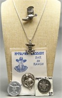 1950s Hopalong Cassidy Coin, Pendant, Pins (4)